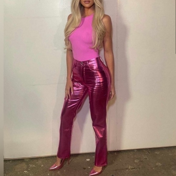 Good American Good Icon Metallic Pink Faux Leather Pants - Picture 1 of 6